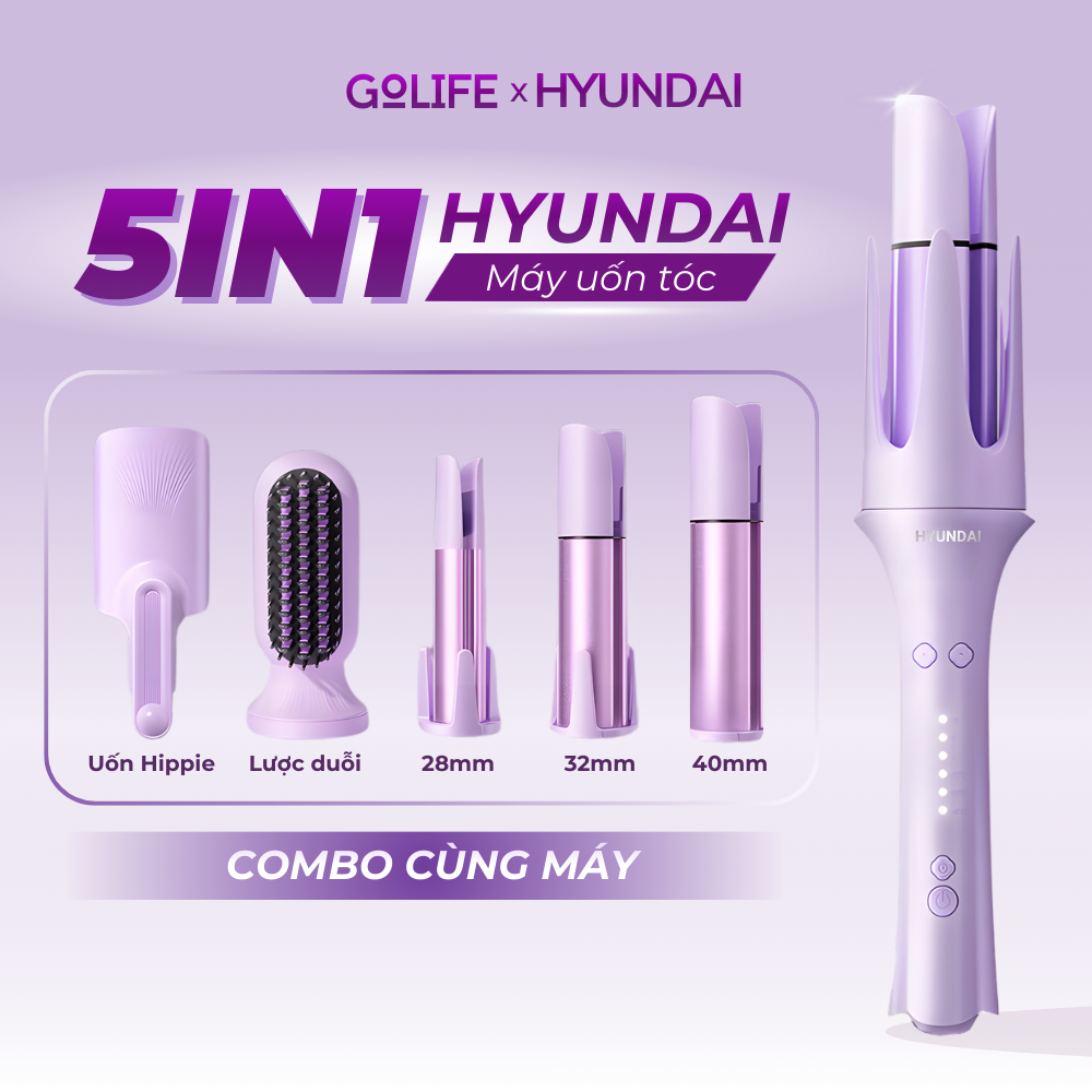 Máy uốn tóc tự động Hyundai 5in1 28mm 32mm 40mm và lược điện, máy duỗi tóc làm tóc 5in1 ion âm bảo vệ tóc Golife