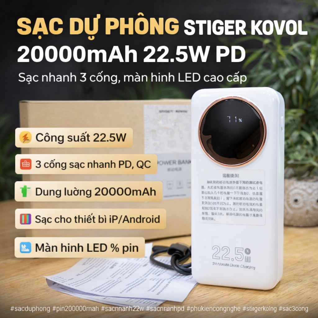 SẠC DỰ PHÒNG STIGER KOVOL 20000mAh 22.5W PD – SẠC NHANH 3 CỔNG, MÀN HÌNH LED CAO CẤP, Có 3C