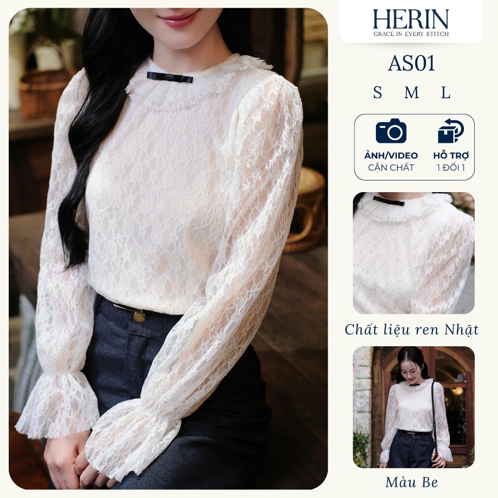 Áo sơ mi nữ ren Nhật cổ tròn phối nơ đen tay dài phong cách thanh lịch HERIN - AS01