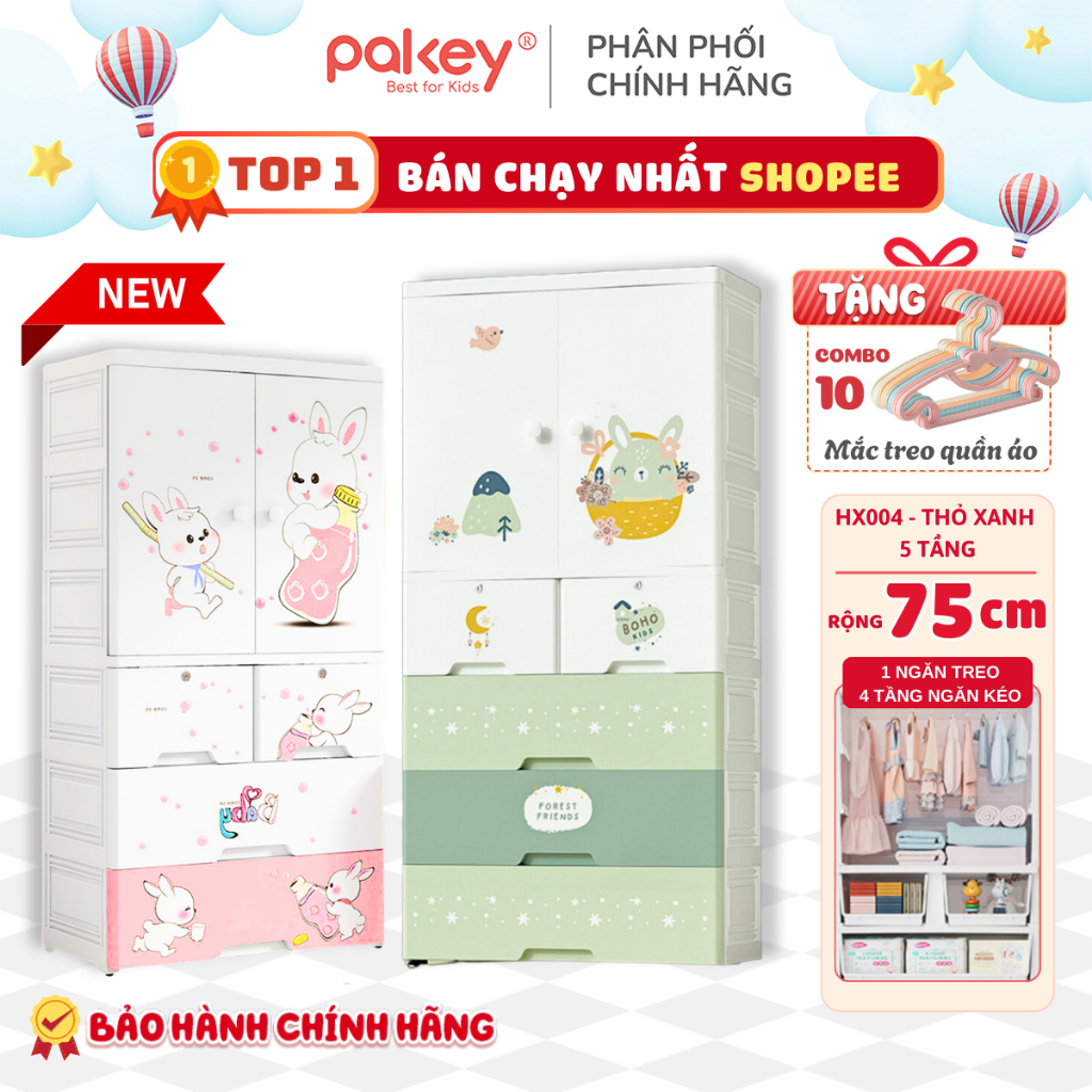 [TẶNG 10 MÓC] Tủ Để Đồ Có Ngăn Treo Chính Hãng PAKEY Rộng 75CM, Tủ Nhựa Cho Bé Dày Dặn Có Bánh Xe Di Chuyển Tiện Lợi