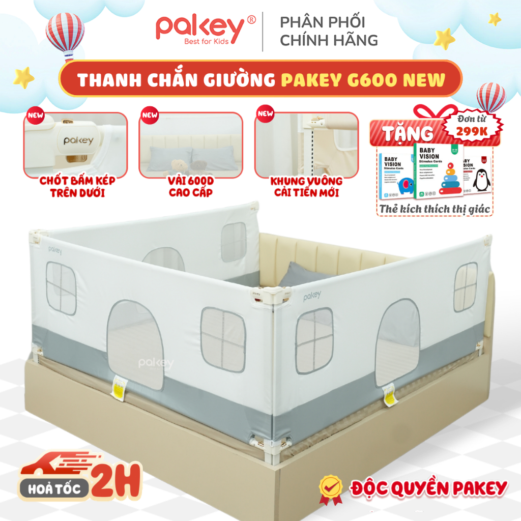 [NEW 2026] Thanh Chắn Giường Mẫu Mới Độc Quyền Pakey G600, Khóa Bấm Kép Trên Dưới Mạ Vàng, Vải 600D 