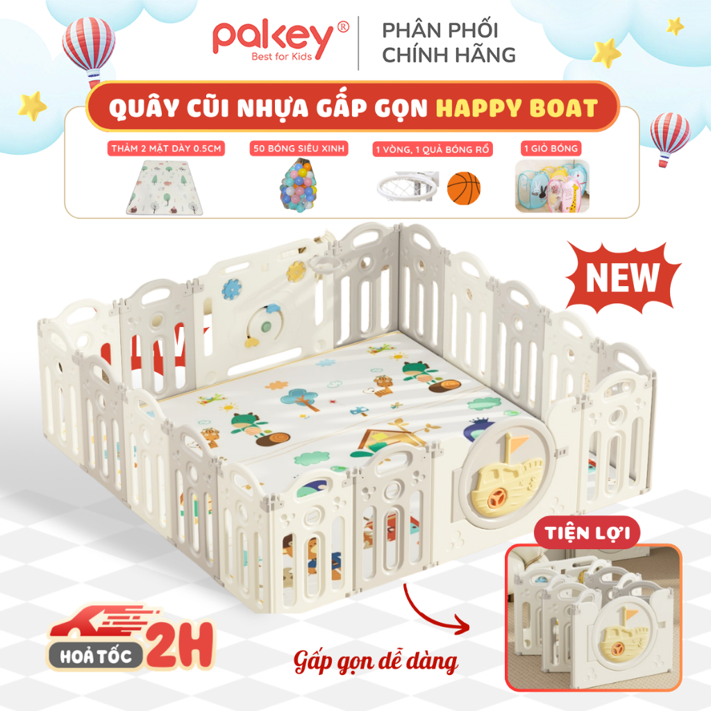 [NEW 2026] Quây Cũi Nhựa Gấp Gọn Tặng Thảm +  Bóng Nhựa, Quây Nhà Banh Cho Bé HAPPY BOAT Cao 62Cm