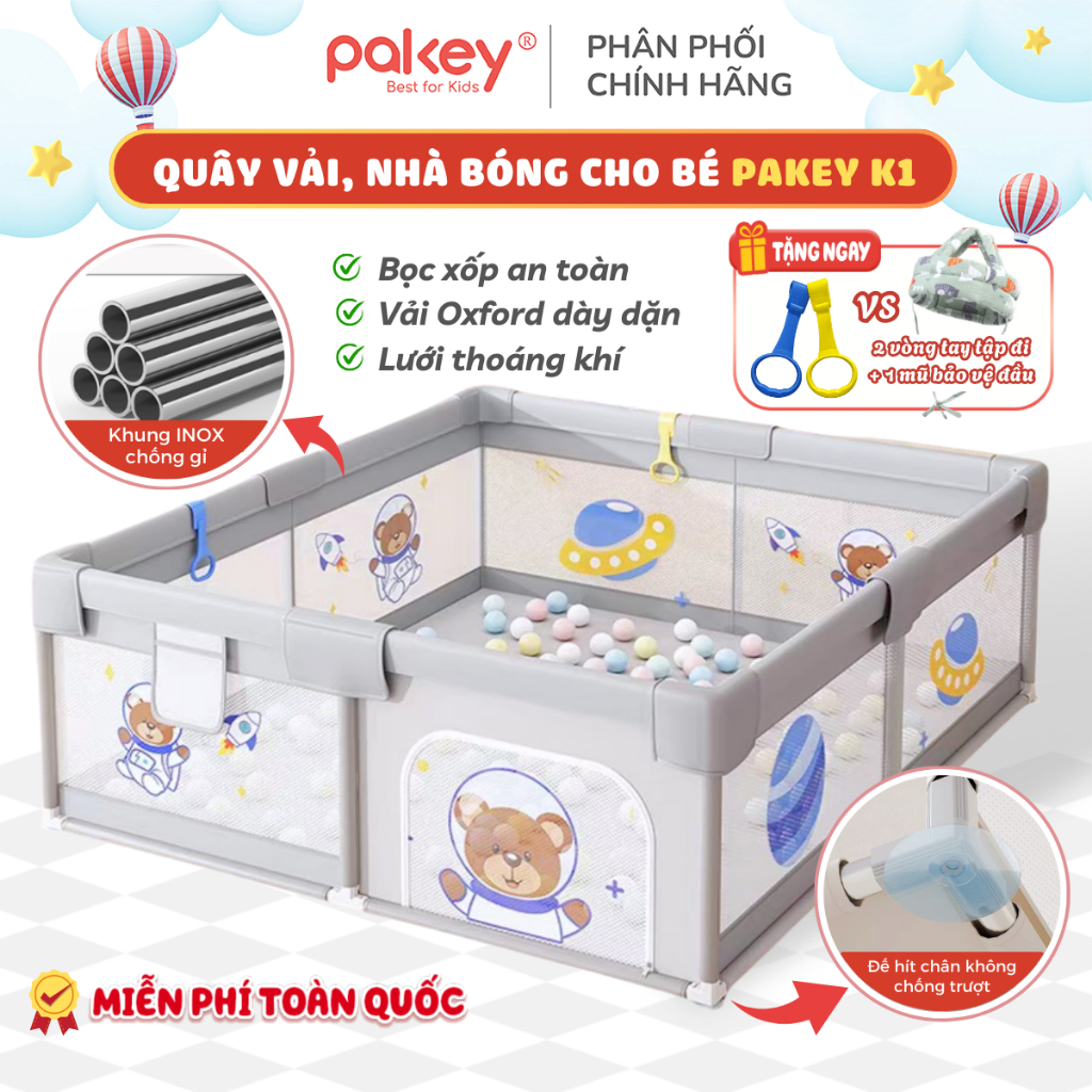[HỎA TỐC] Quây Vải Cho Bé Khung INOX Dày Dặn Không Ghỉ, Quây Bóng Pakey TẶNG Vòng Tập Đi & Mũ Bảo Vệ Đầu Cho Bé