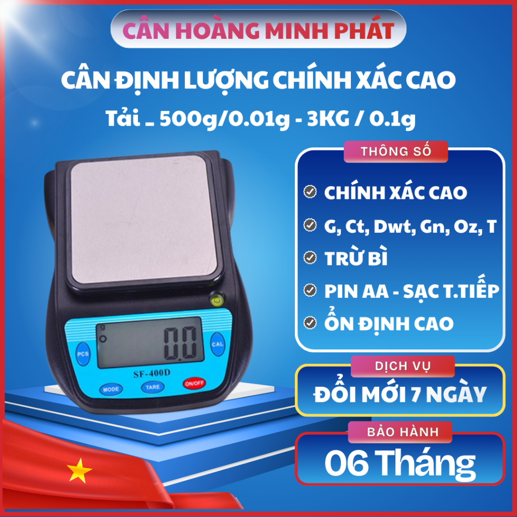Cân điện tử để bàn SF400D 500g/0.01g - 3kg/0.1g (cân định lượng 2 số lẻ). Chính xác cao