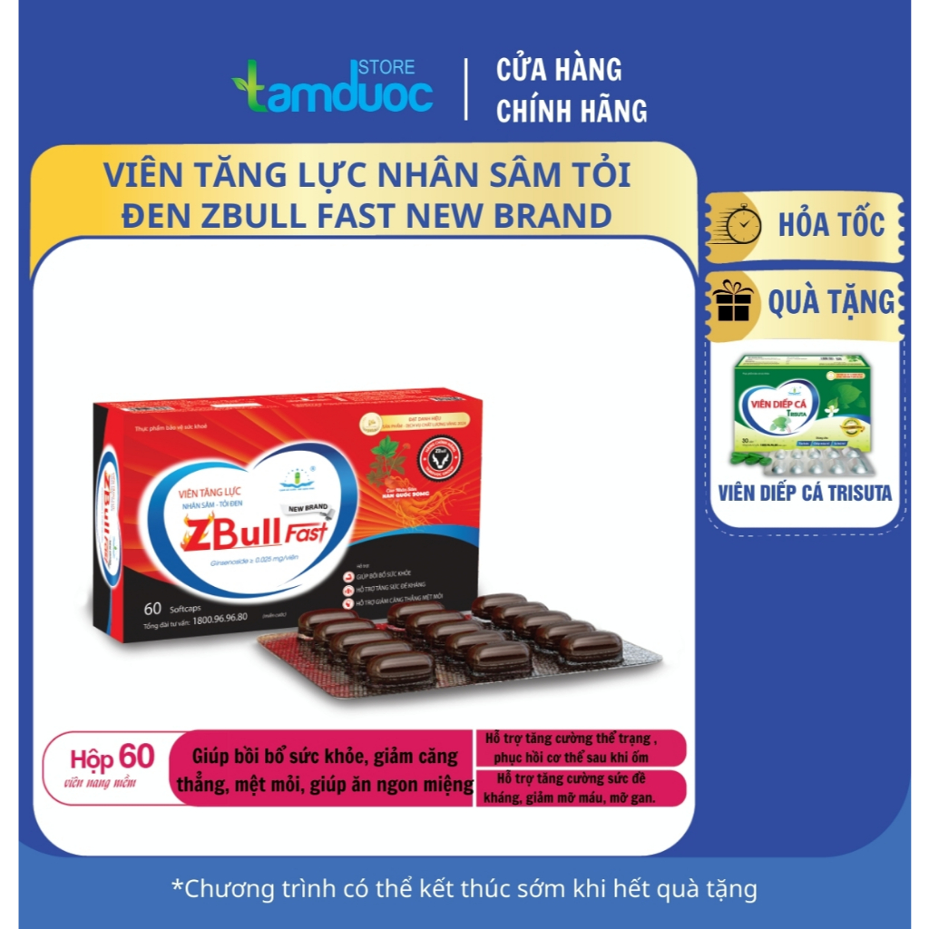 Viên tăng lực nhân sâm tỏi đen ZBull Fast new brand Tâm Dược (ZBF) viên bồi bổ sức khỏe (Hộp 60 viên