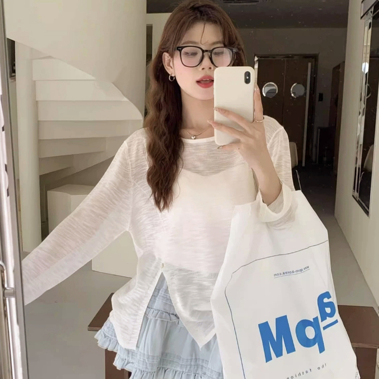 Áo thun giấy mỏng dài tay nữ cổ tròn xẻ tà phong cách basic 24Feb.studio A0005 | BigBuy360 - bigbuy360.vn