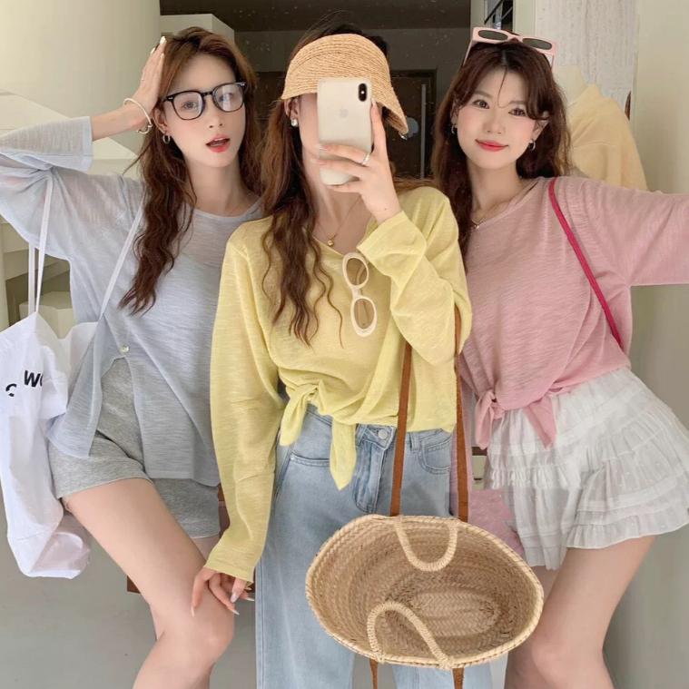 Áo thun giấy mỏng dài tay nữ cổ tròn xẻ tà phong cách basic 24Feb.studio A0005