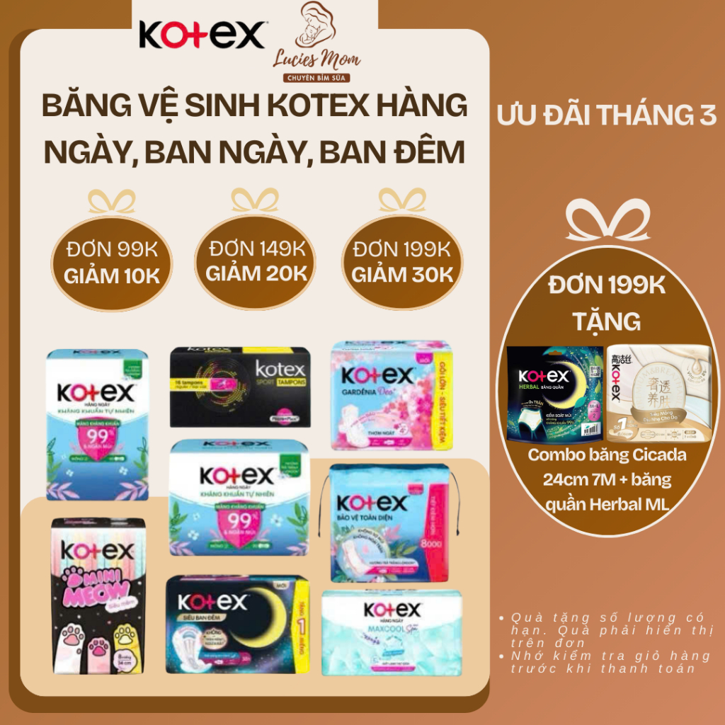 Hoả tốc [Combo 4 gói] Băng Vệ Sinh Kotex Hàng Ngày/Ban Ngày/Ban Đêm - Khô Thoáng Thấm Hút
