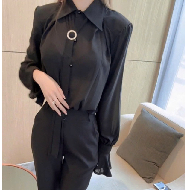 Áo Sơ Mi Voan Đen Dáng Rộng Bèo Tay PL_STUDIO-S96