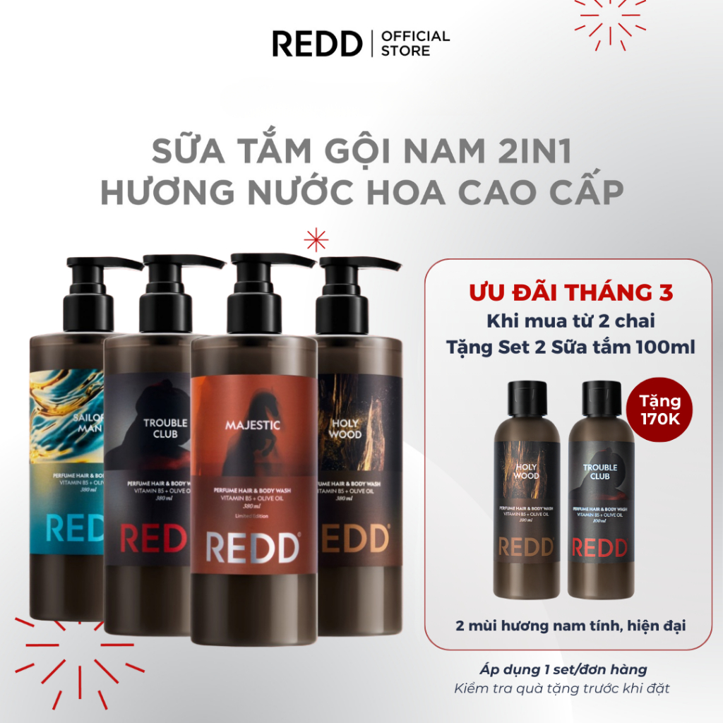 Sữa tắm nam 2in1 REDD làm sạch giữ ẩm cho da và tóc hương nước hoa hiện đại, nam tính 380ml