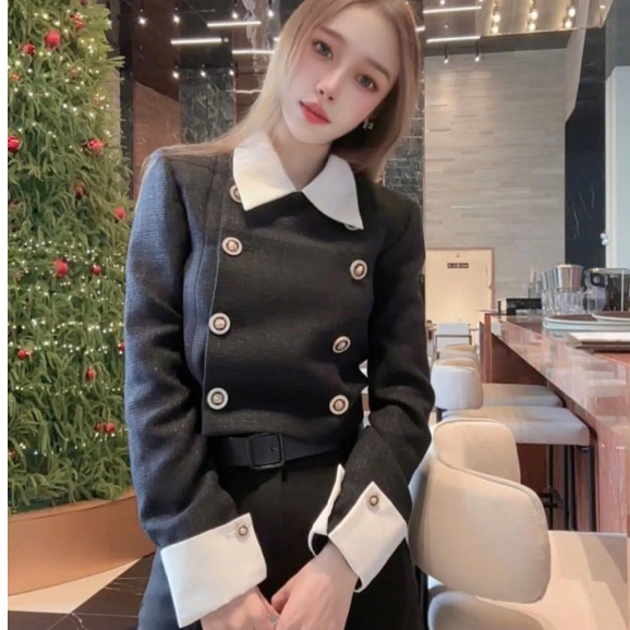 Áo Dạ Tweed Dáng Lửng Gam Màu Trắng Kem Phối Cổ Đen PL_STUDIO - DA06
