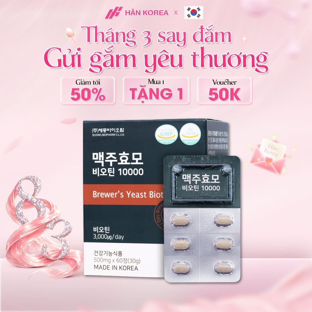 Biotin Mọc Tóc 10000mcg Hàn Quốc – Mọc Tóc Nhanh, Giảm Rụng, Dày Mượt, Bổ Sung Vitamin B7, Lọ 60 Viê