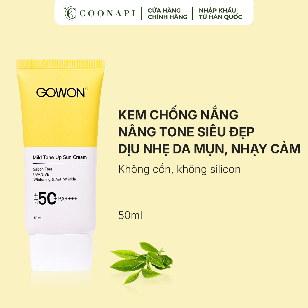 Kem Chống Nắng Trà Xanh Nâng Tone, Dịu Nhẹ Cho Da Mụn Nhạy Cảm Gowon Mild Tone Up Sun Cream SPF50+/P