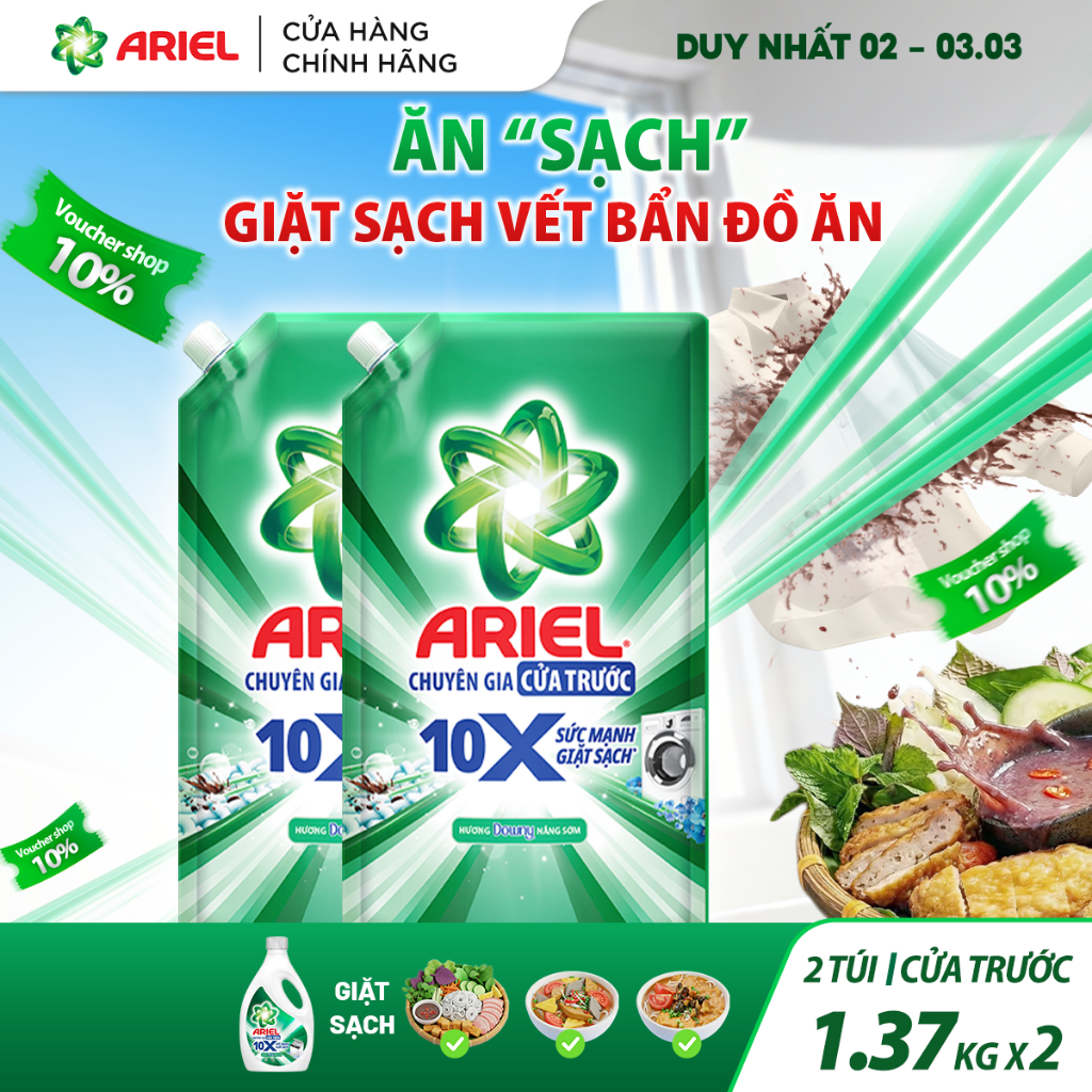 COMBO 2 Nước Giặt Cửa Trước ARIEL 10X Giặt Nhanh 1.37KG X2