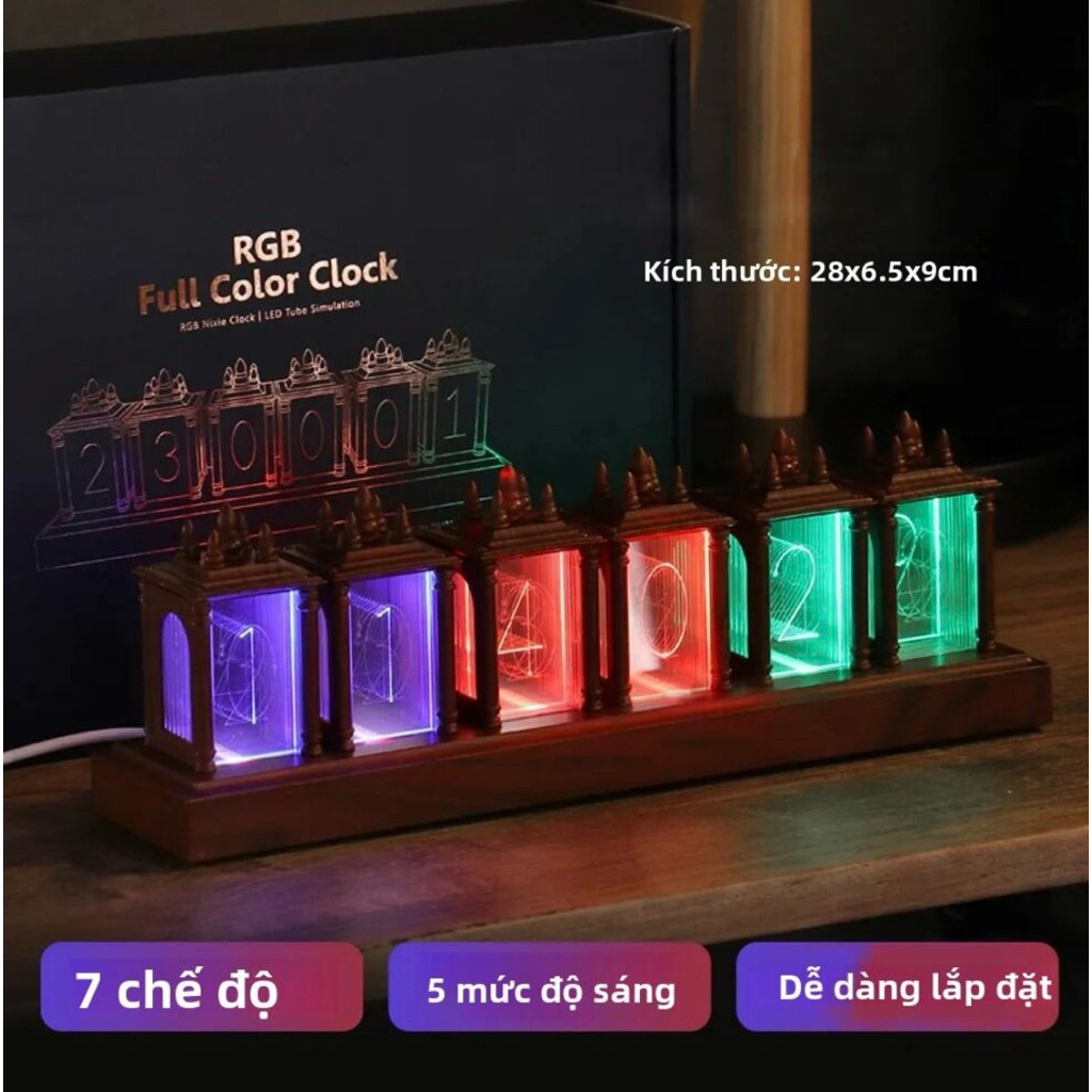 Đồng Hồ Kỹ Thuật Số LED Giả Đèn Nixie RGB - Đế Gỗ Óc Chó Sang Trọng, Cảm Biến Thông Minh