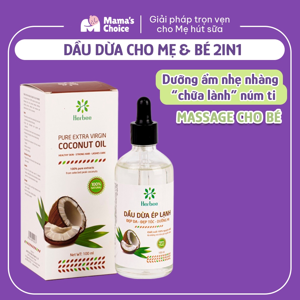 Dầu Dừa Ép Lạnh Herbee 2in1, Massage Cho Trẻ Sơ Sinh, Hỗ Trợ Mẹ Phục Hồi Nứt Đầu Ti và Cổ Gà Nhẹ (100ml)
