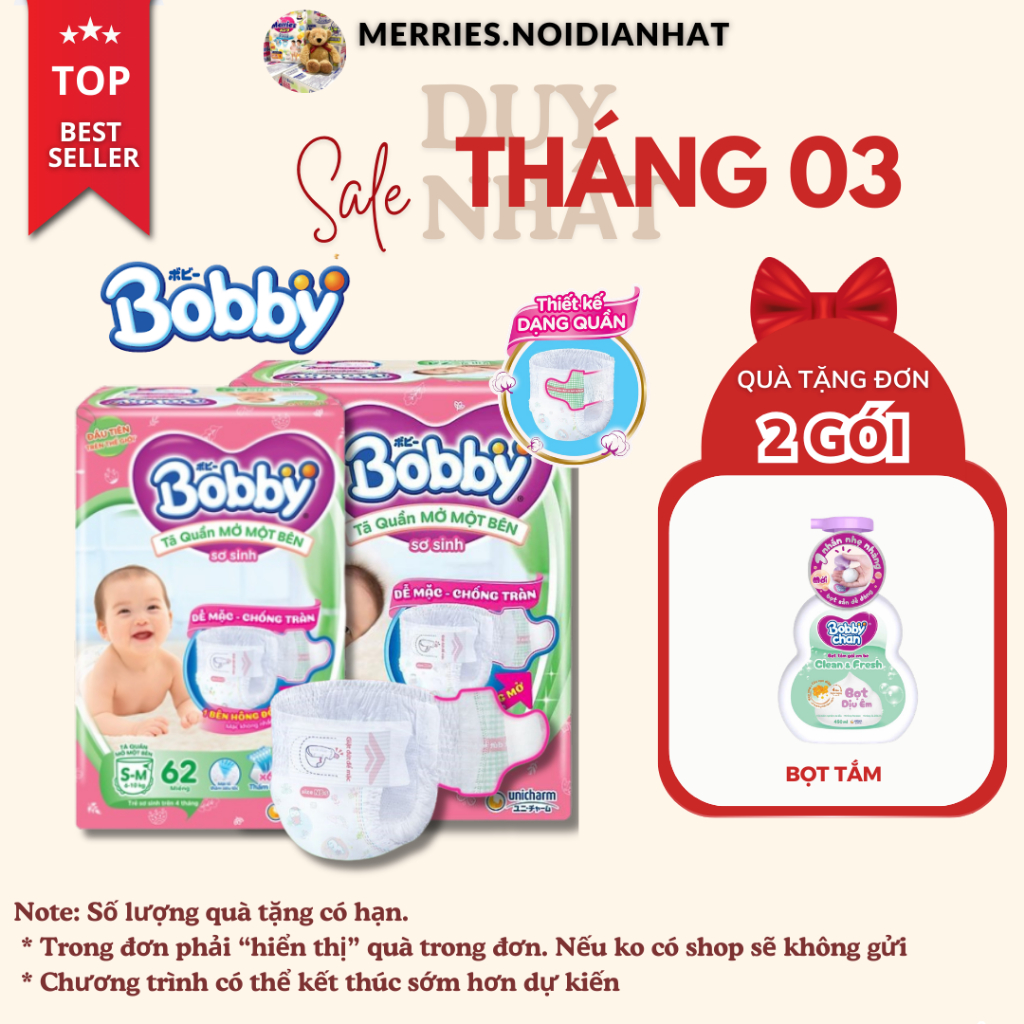 [MỚI] TÃ QUẦN MỞ MỘT BÊN BOBBY HỒNG size NB-s 74 miếng (3 - 8 kg) S-m 62 miếng (6 - 10 kg)