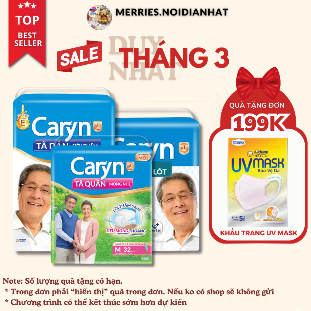 Tã dán quần đệm lót người già Caryn M L XL Lõi bông cao cấp thấm hút mỏng nhẹ, cho bề mặt luôn khô thoáng