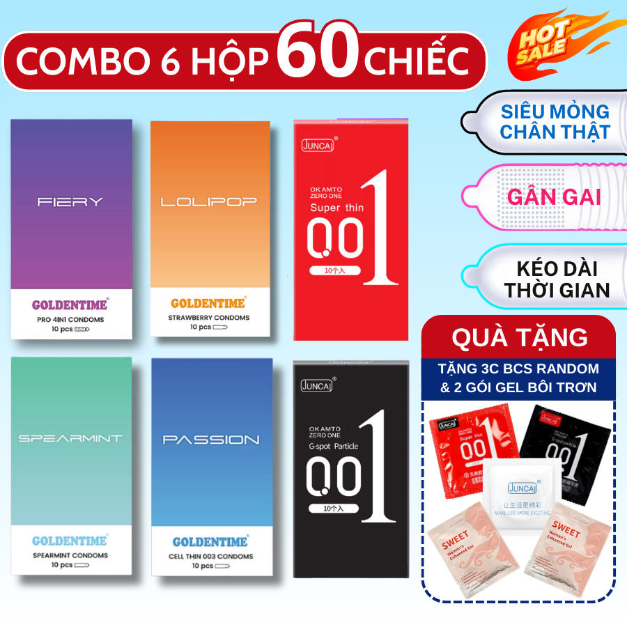Combo 6 Hộp 60 Bao Cao Su Juncai Siêu Mỏng, Nhiều Gel, Kéo Dài Thời Gian, Ôm sát, Gân Gai Chính Hãng - 18Centi