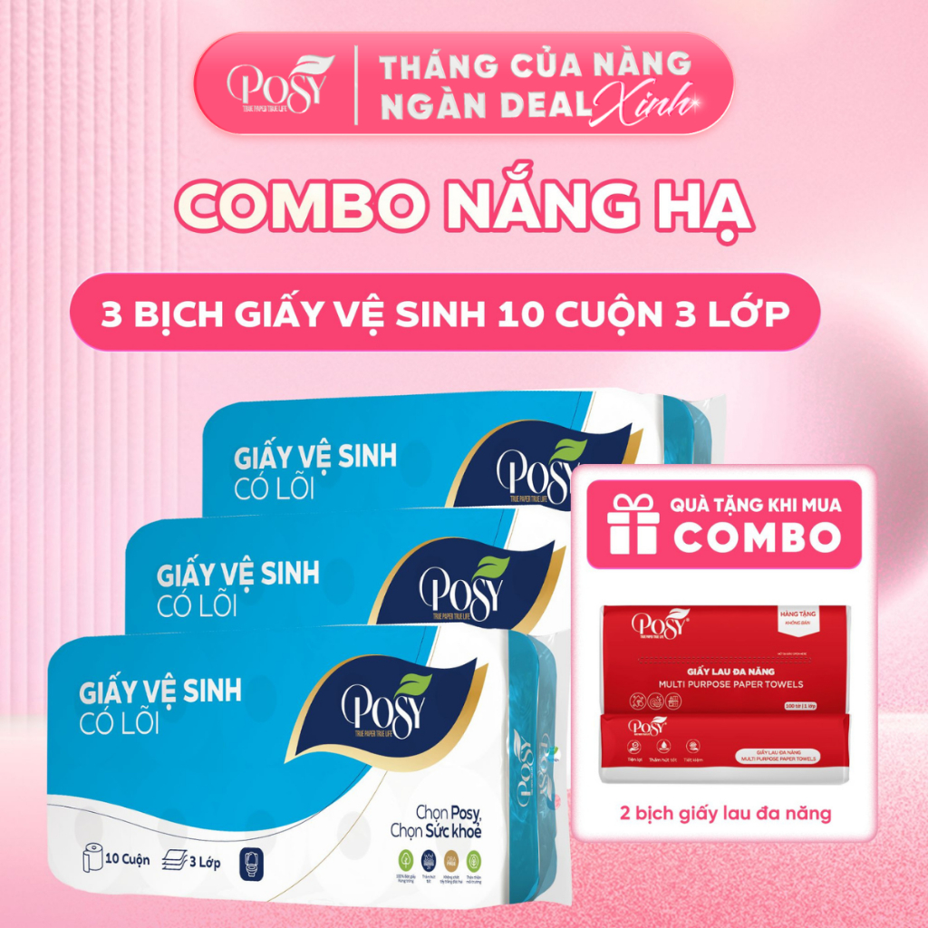 COMBO 3 BỊCH GIẤY VỆ SINH POSY CÓ LÕI/ KHÔNG LÕI - 1.6kg/ BỊCH - 3 LỚP MỀM MỊN, TAN TỐT, AN TOÀN CHO DA