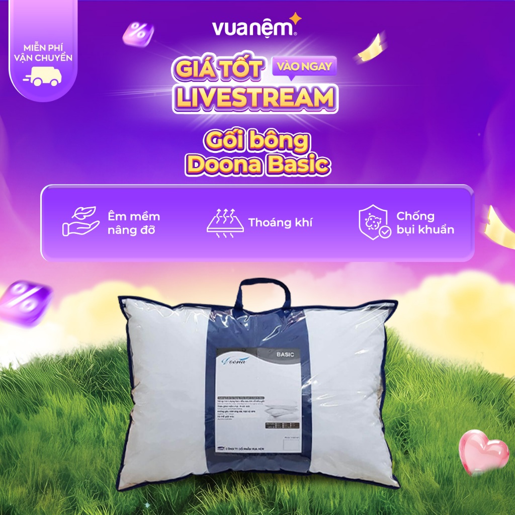 Gối bông Doona Basic 45x65cm độ phồng phù hợp, nâng đỡ nhẹ nhàng, thoáng khí