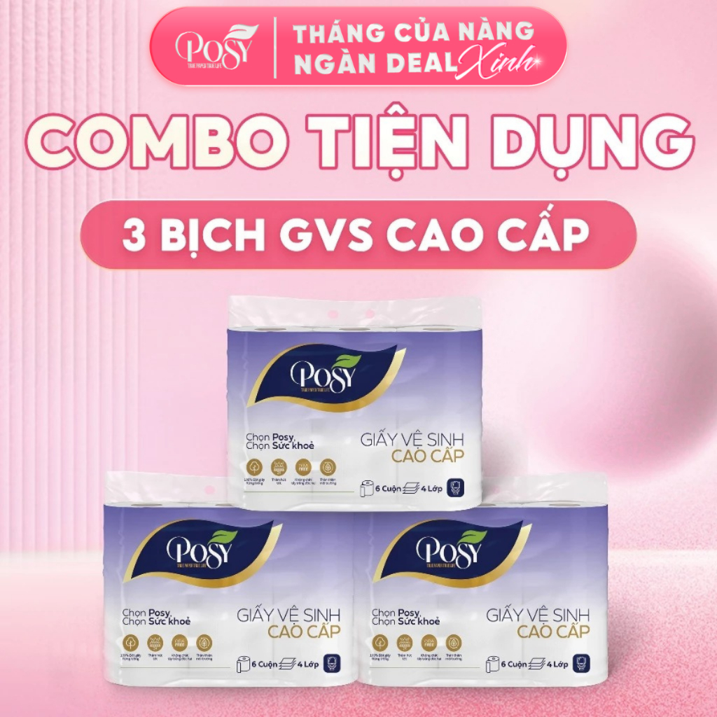 POSY - [COMBO TIỆN DỤNG] COMBO 18 cuộn GVS 4 lớp CÓ LÕI cao cấp Posy mềm mịn, dai, dày, tiết kiệm, t