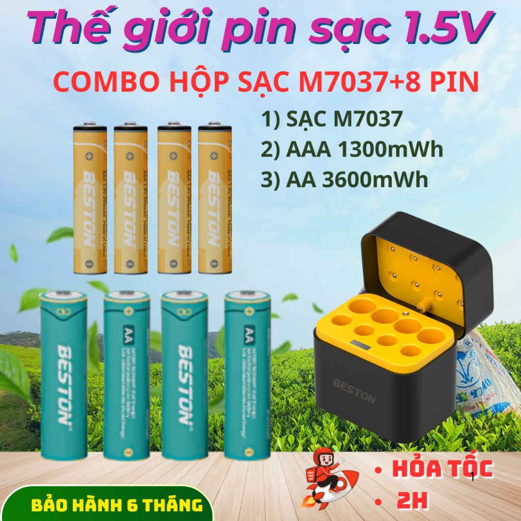 Combo sạc M7037 + 4 pin AA /AAA sạc tự ngắt khi đầy, dùng cho micro karaoke, đồ chơi gia đình
