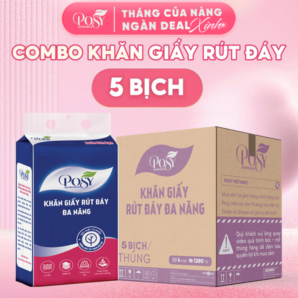 COMBO KHĂN GIẤY POSY  -THÙNG 5 BỊCH Khăn rút treo tường đa năng Posy,1280 tờ 4 lớp, hoa văn 4D, tiện lợi