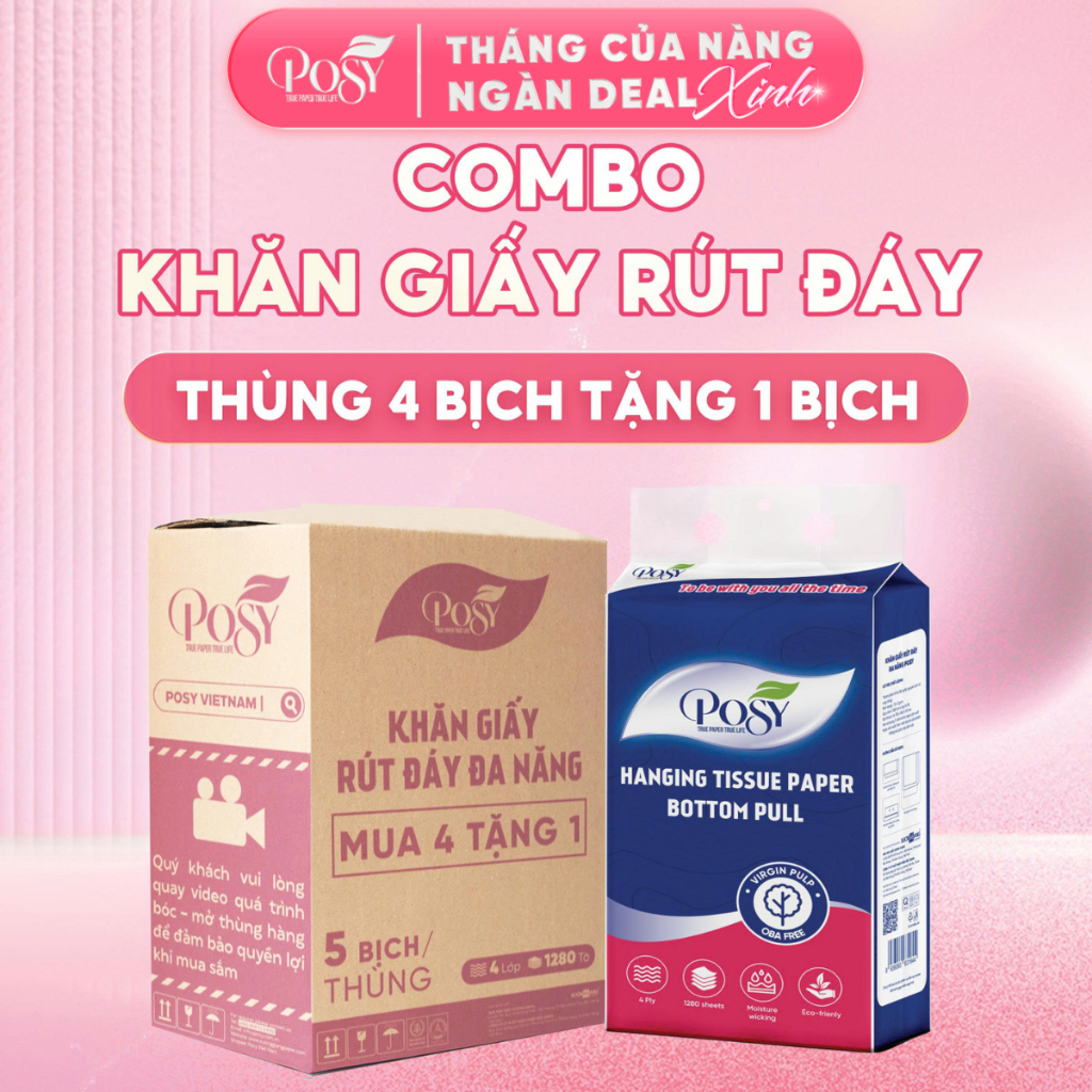 [DEAL CHỚP NHOÁNG]_COMBO THÙNG 5 BỊCH GIẤY RÚT ĐÁY POSY ĐA NĂNG 1280 TỜ 4 LỚP MỀM MỊN TIẾT KIỆM
