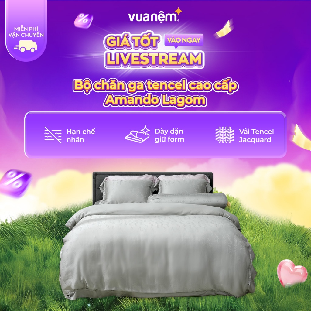 Bộ chăn ga lụa tencel cao cấp Amando Lagom 5CT màu xám thoáng khí mềm mại vượt trội