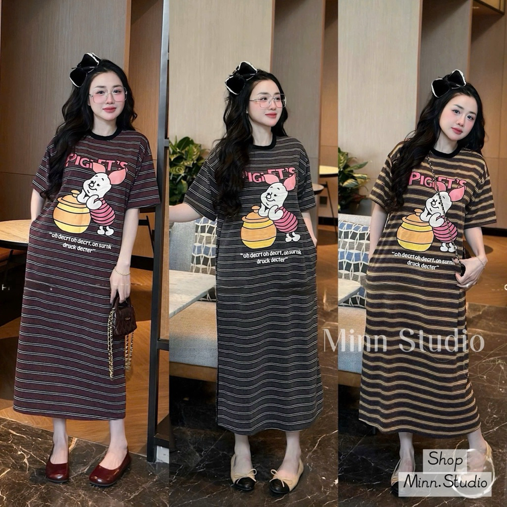 [Minn.studio] Váy Suông Cotton Kẻ In Gấu PiGi. Chất Thun Co Dãn, Mềm,Mát