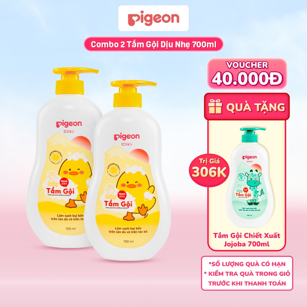 Combo 2 Sữa Tắm Gội Dưỡng Ẩm Cho Bé Pigeon 700ml Dịu Nhẹ Mềm Mại An Toàn Cho Da
