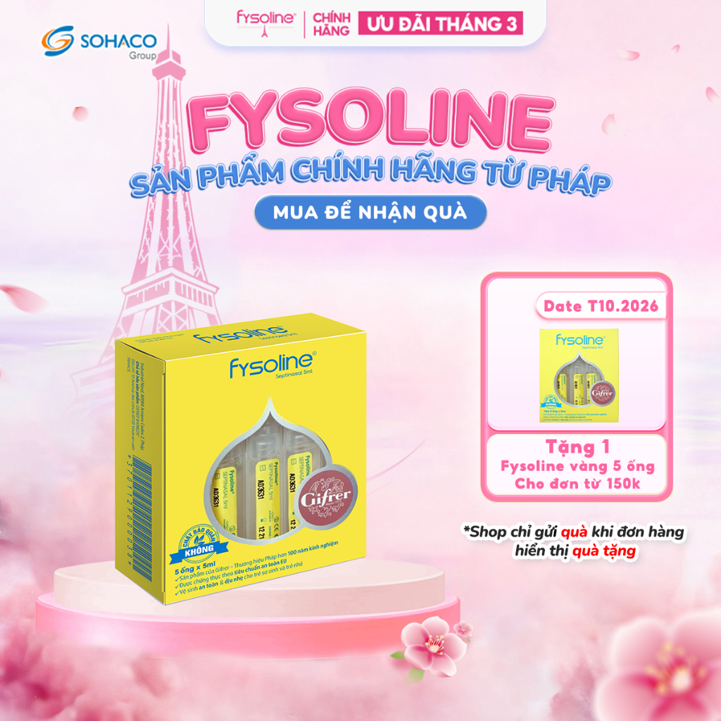 Nước Muối Sinh Lý Kháng Khuẩn Pháp Fysoline hỗ trợ kháng khuẩn, viêm mũi, sổ mũi cho bé - Hộp 5 Ống x 5ml