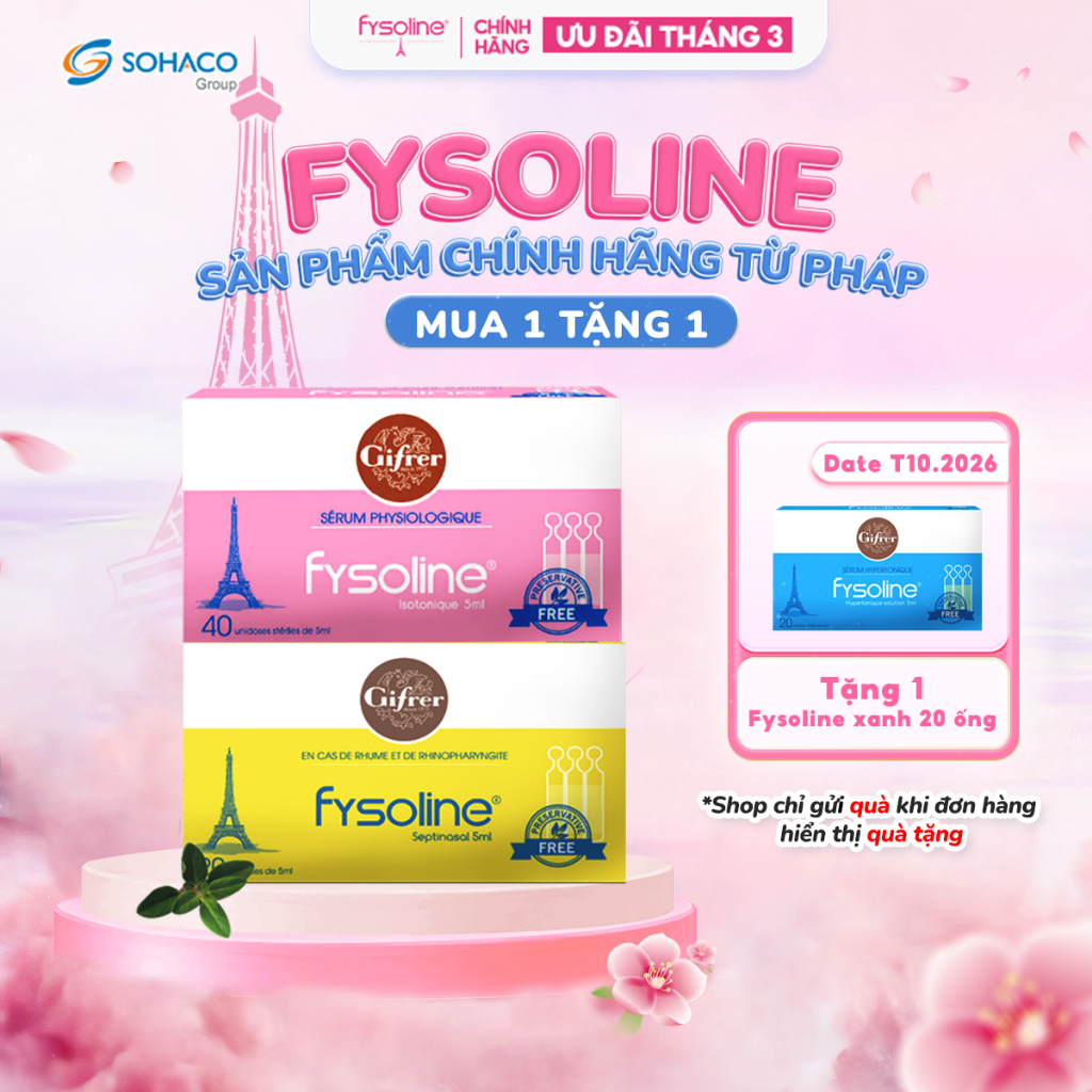 Combo Nước muối sinh lý Fysoline hồng 40 ống x 5ml và Vàng (Date T10.2026) 20 ống x 5ml