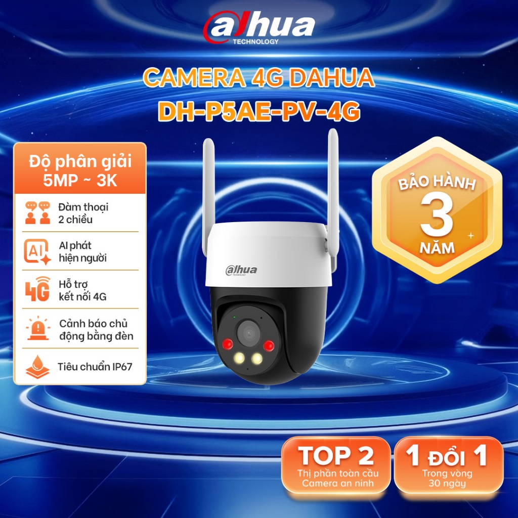 Camera IP 4G Ngoài Trời Dahua 3MP/5MP, Đàm thoại 2 chiều, Chống nước IP66,Cảnh báo đèn và còi , DH-P