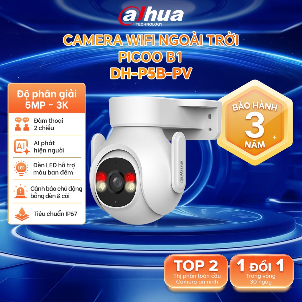 Camera Wifi 6 Ngoài Trời Dahua Picoo B1 3MP/5MP, Đàm thoại 2 chiều, Chống nước IP66 ,Cảnh báo đèn và