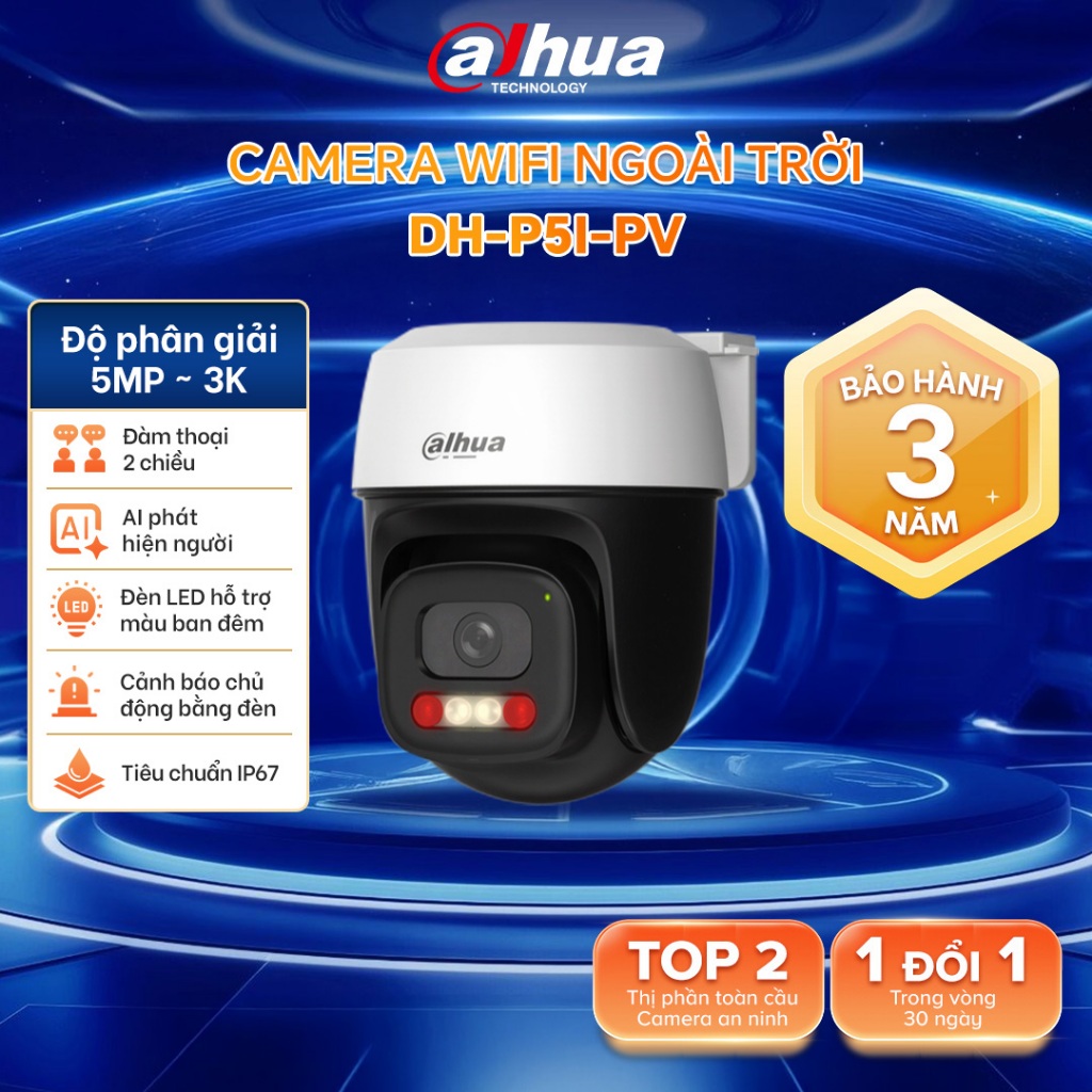 Camera Wifi Dahua Picoo P3I 3MP/5MP Xoay 360, Camera an ninh CCTV, Đàm Thoại 2 Chiều, Chống Nước IP66, Cảnh Báo Đèn Còi