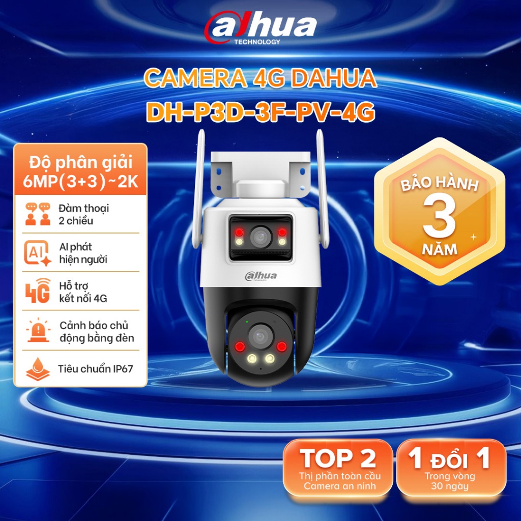 Camera IP 4G Ngoài Trời Dahua Picoo Dual D1 2 Mắt Kép 6MP, Chống nước IP66 , Có màu ban đêm,DH-P3D-3