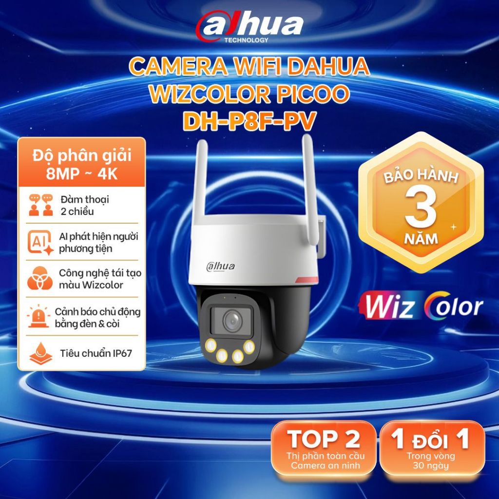 Camera Wifi Dahua WizColor Picoo F1 PT Ngoài Trời (3/5/8MP) | WizColor Chế độ màu ban đêm thông minh