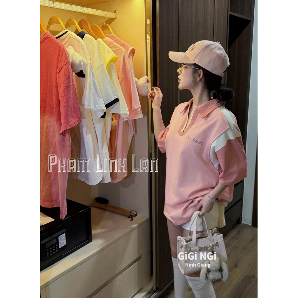 Áo Phông Gấu 13De Marzo Polo Hồng Khoá Cổ Pha Màu QC