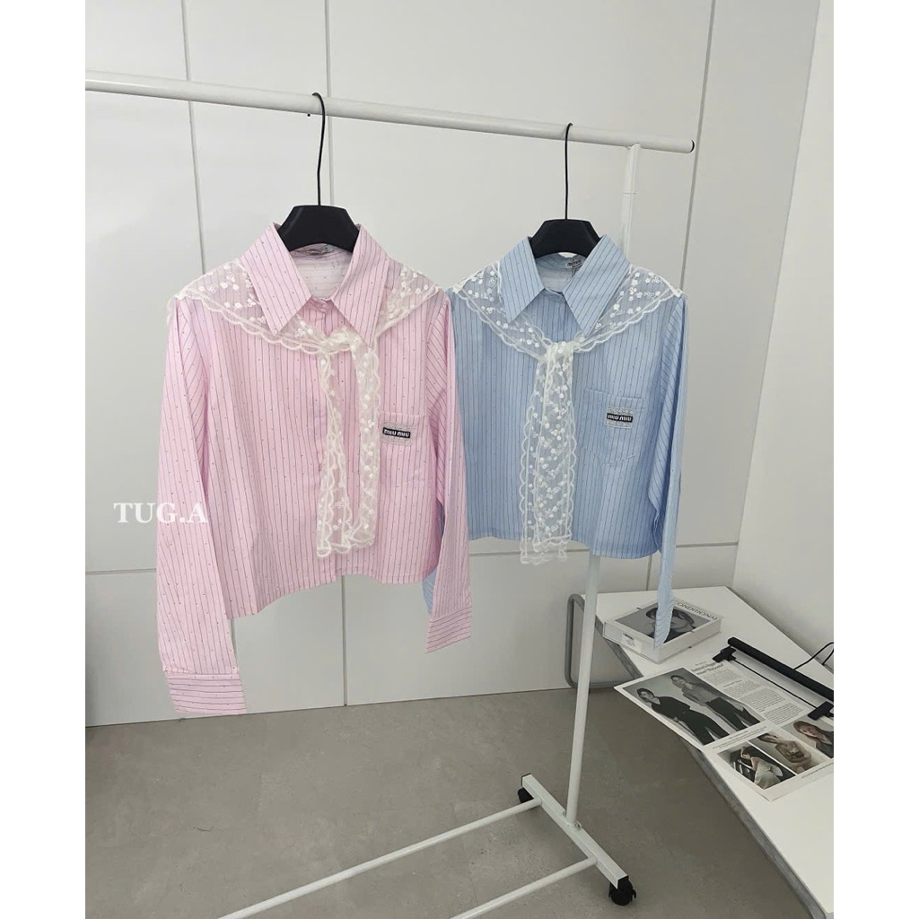 Áo áo sơ mi Miuuu kẻ bling bling khăn ren #sieucapp