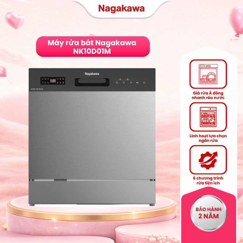 Máy rửa bát Nagakawa NK10D01M, sức chứa 10 bộ bát đĩa, 8 chế độ rửa thông minh khử trùng UV nước nón