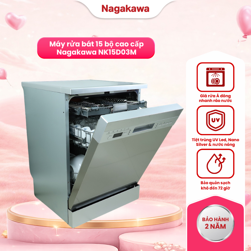Máy rửa bát Nagakawa NK15D03M 15 bộ, màu xám, kích thước 598x845x600mm, công nghệ NaFRESH 360° và diệt khuẩn UV Led