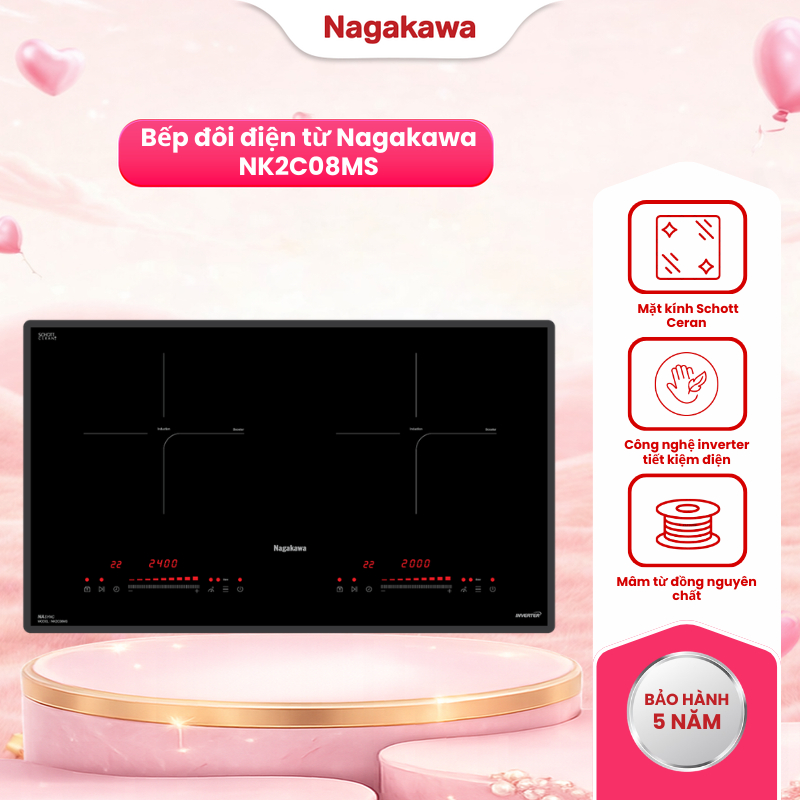 Bếp điện từ đôi Nagakawa NK2C08MS, tiết kiệm điện, mặt kính Schott Ceran