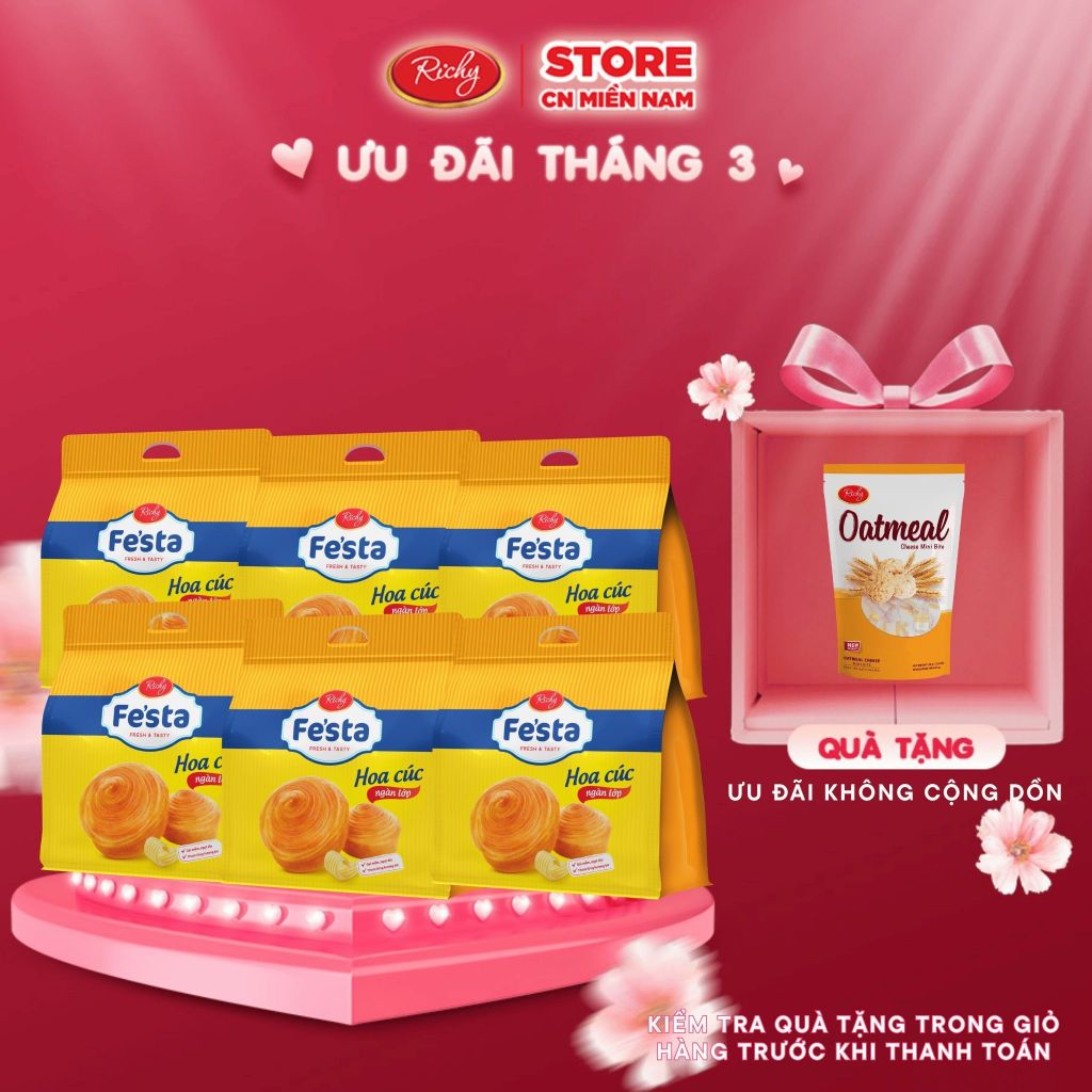 [VỊ MỚI] Combo 6 Bánh mì hoa cúc ngàn lớp, Bánh mì Lụa Fe'sta Richy, HSD 35 ngày từ NSX