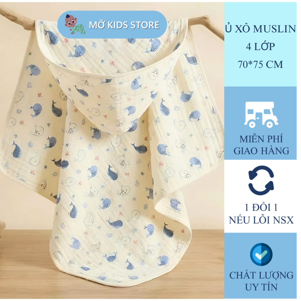 ( Mua 2 tặng 1 yếm ) Ủ choàng , ủ xô muslin 4 lớp, chăn choàng ủ xô đa năng mềm mại, thoáng mát, an toàn cho bé size to