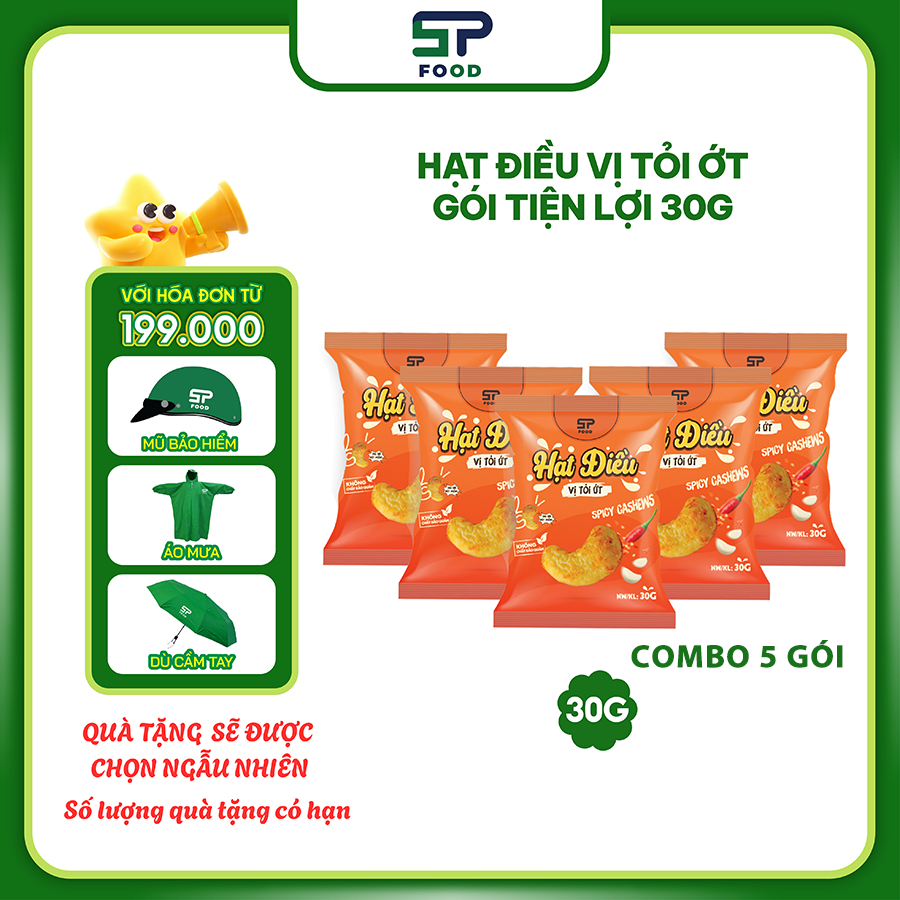 Combo 5 gói snack hạt điều tỏi ới 30G- vị gion béo- cay nhẹ, snack ăn vặt healthy, snack ăn vặt tiện