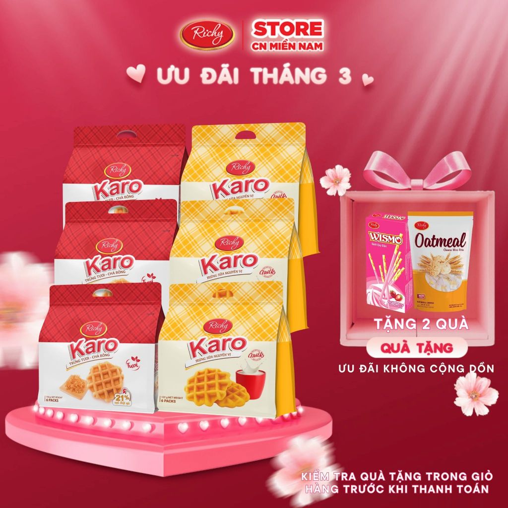 [TẶNG 2 QUÀ] Combo 6 bịch bánh Karo Richy trứng tươi chà bông và phô mai hoàng kim, HSD 45 ngày
