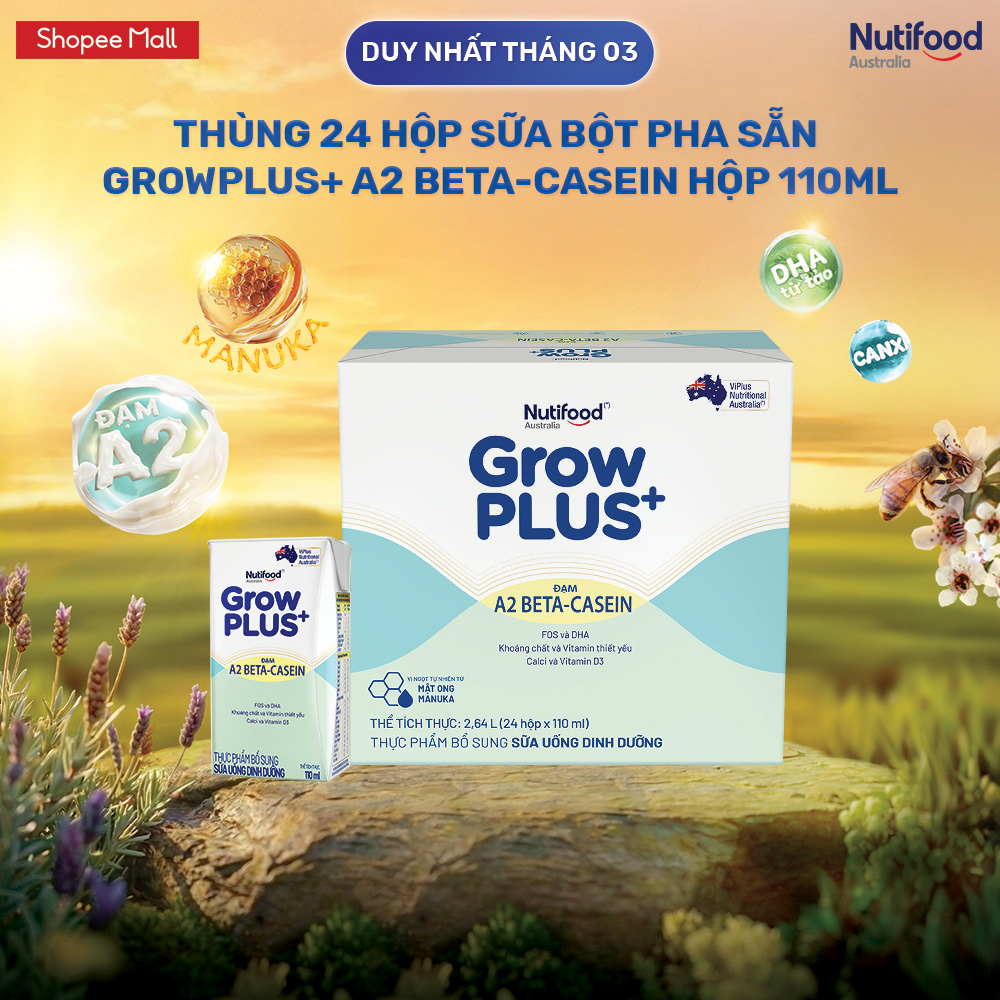 Thùng 24 hộp Sữa bột pha sẵn GrowPLUS+ A2 beta-casein Hộp 110ml