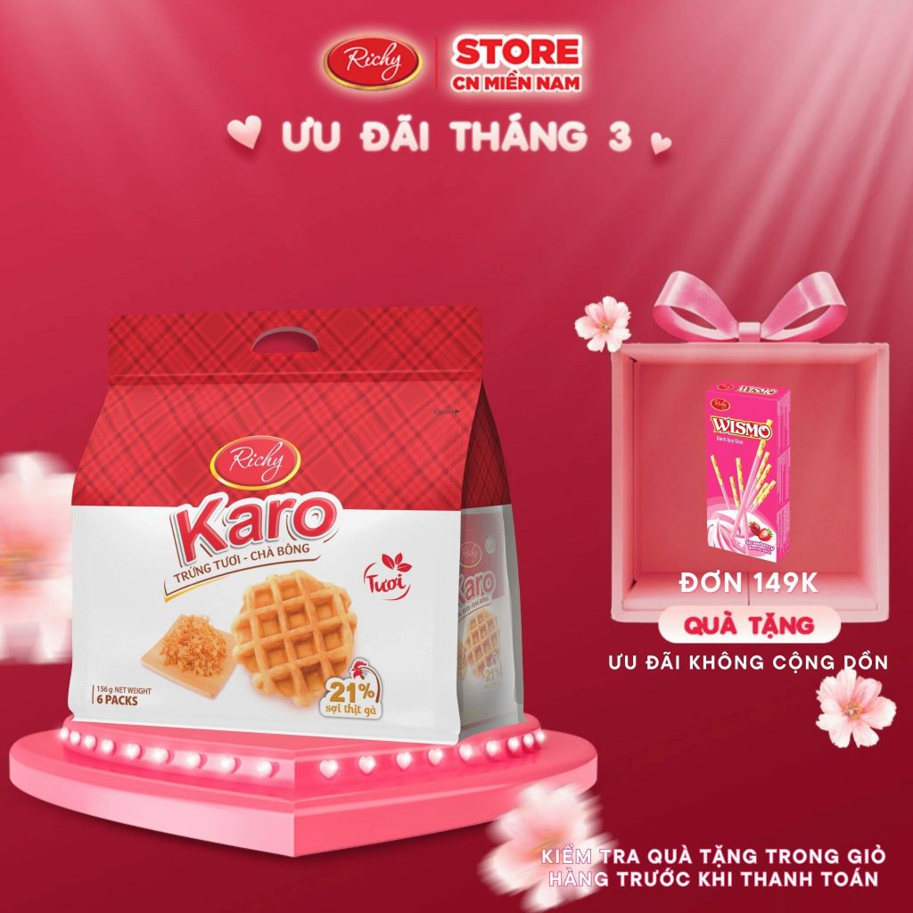 Bánh trứng tươi - chà bông KARO Richy Sợi thịt gà bịch 6 chiếc 156gr (26g/chiếc)